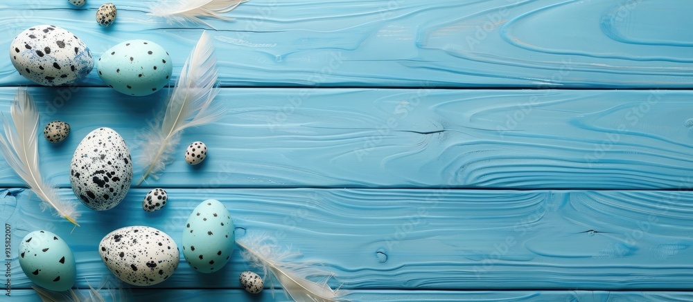Poster banner easter frame featuring eggs and feathers on a blue wooden backdrop the minimal concept top vi
