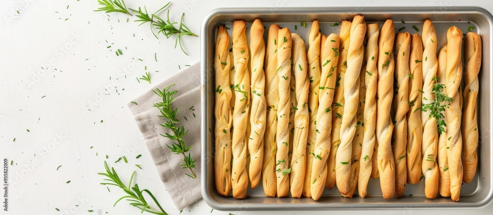 Sticker Italian grissini breadsticks in a steel tray with herbs White background Top view Copy space