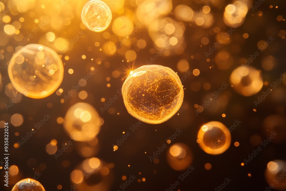 Poster Golden bubbles floating in a warm, glowing atmosphere, creating a serene and whimsical scene with bright illumination that evokes a sense of wonder and magic.