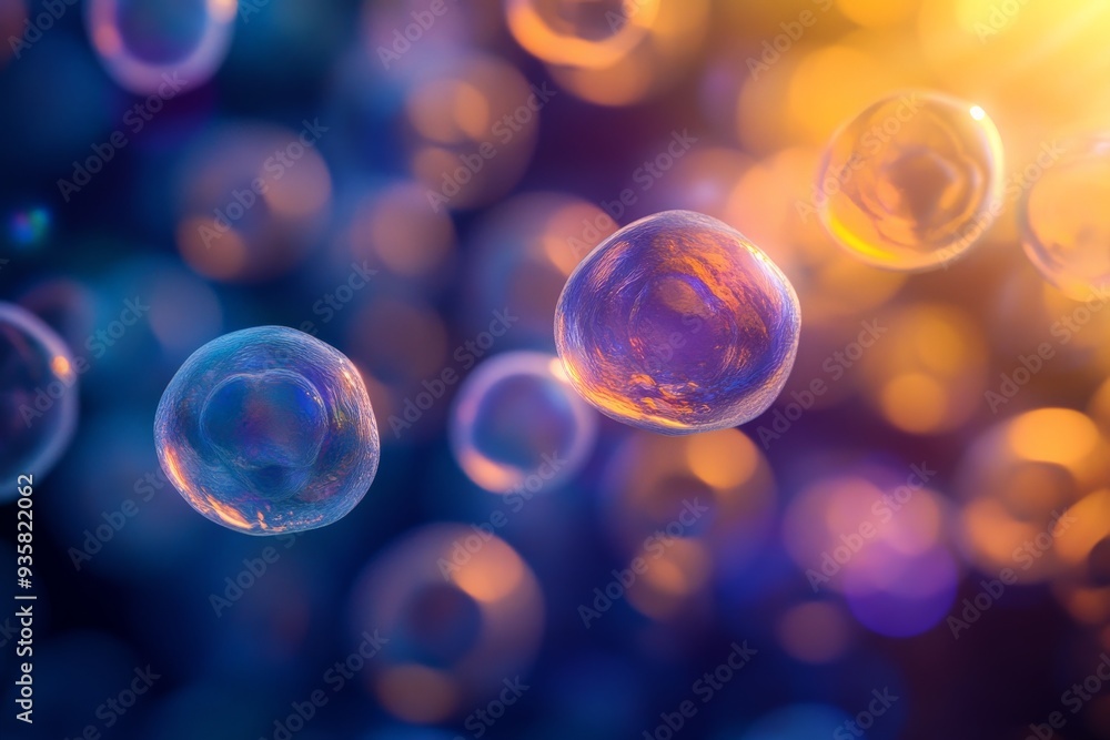 Poster colorful orbs floating in a dreamy, abstract and vibrant setting, showcasing a spectrum of hues and 