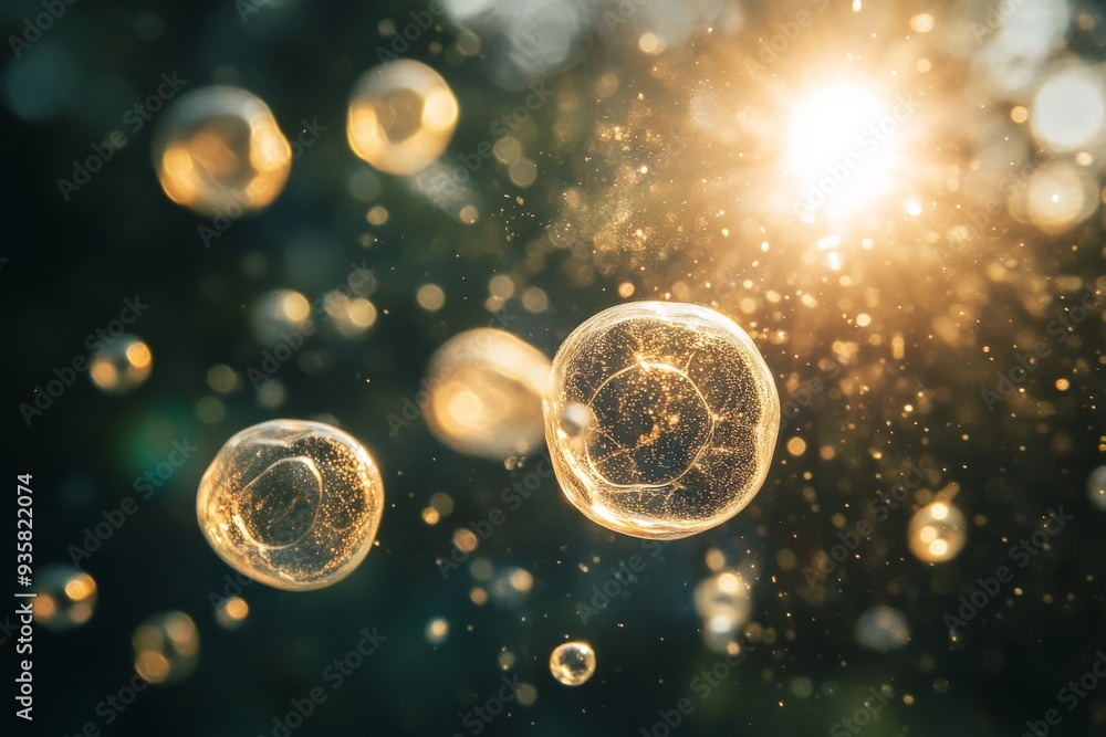 Poster Sunlit bubbles floating in a bright and dream-like environment where the interplay of light and reflections creates a magical and peaceful scene that captures a moment of serenity.
