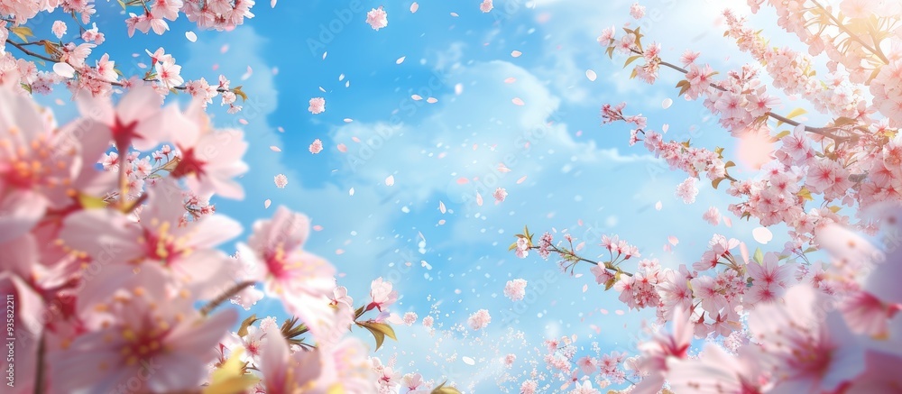 Poster cherry blossoms set against a blue sky. copy space image. place for adding text and design