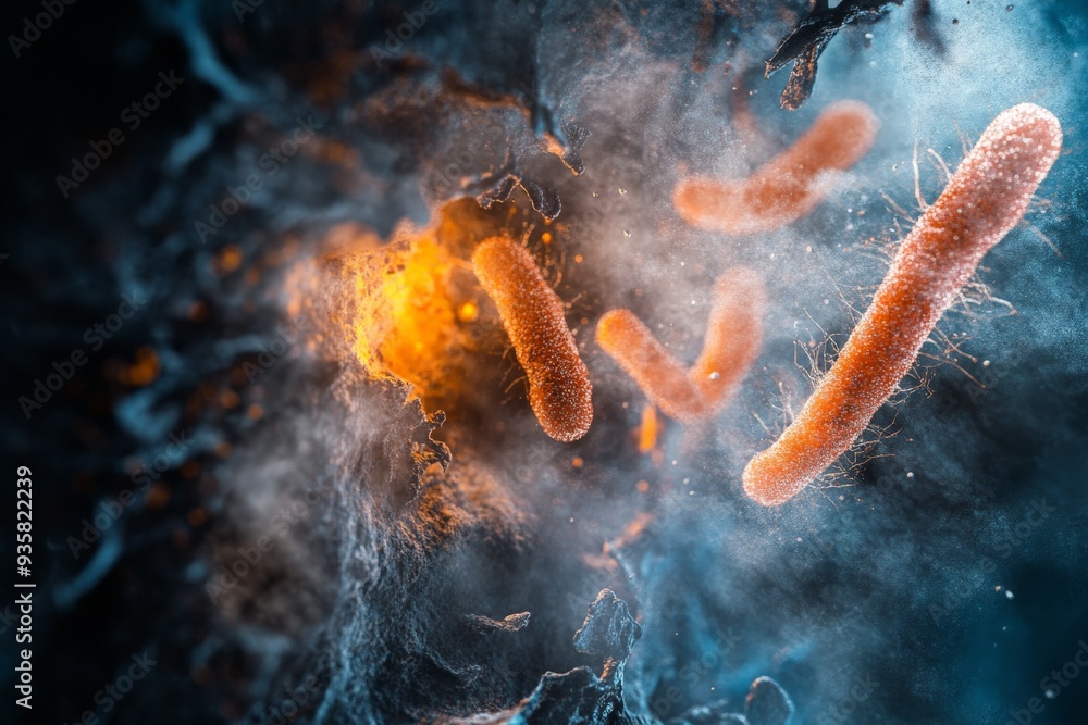 Poster detailed close-up of bacteria with a striking orange illumination, emphasizing the small but crucial