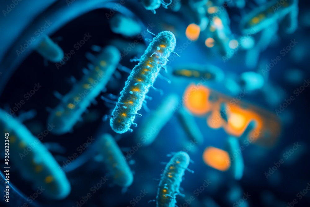 Poster artistic representation of bacteria illuminated in blue, magnified to show detailed structures and i