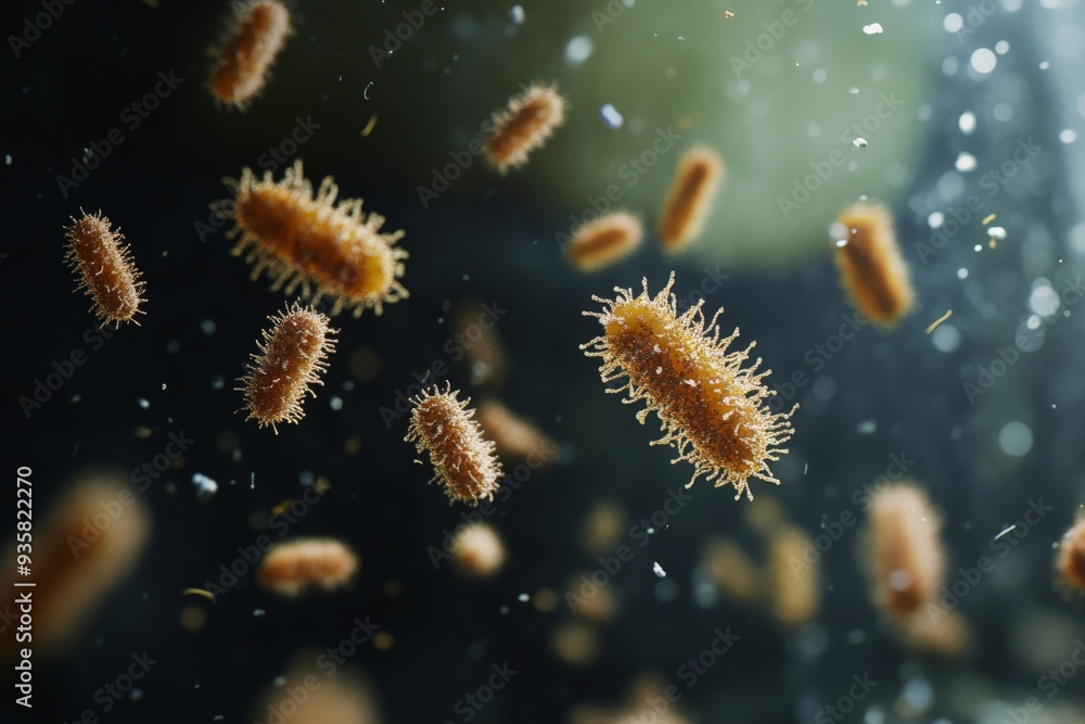 Poster Vivid microscopic view displaying numerous brown bacteria floating, emphasizing their intricate shapes and highlighting their ecological and health significance.