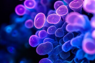 Artistic portrayal of purple abstract organisms, depicting the microscopic world with a creative and colorful approach, highlighting biomedical and psychological themes.