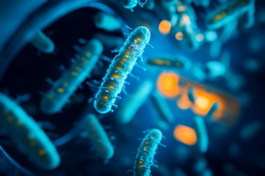 Artistic representation of bacteria illuminated in blue, magnified to show detailed structures and its importance in scientific research and human health.