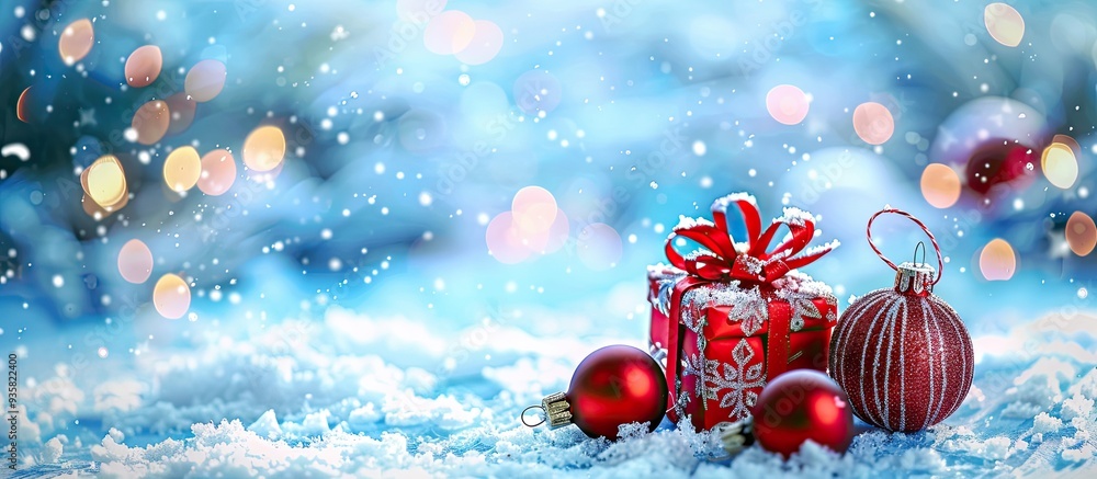 Poster christmas decorations featuring an ornament and a gift box on snow against a blue bokeh backdrop. co