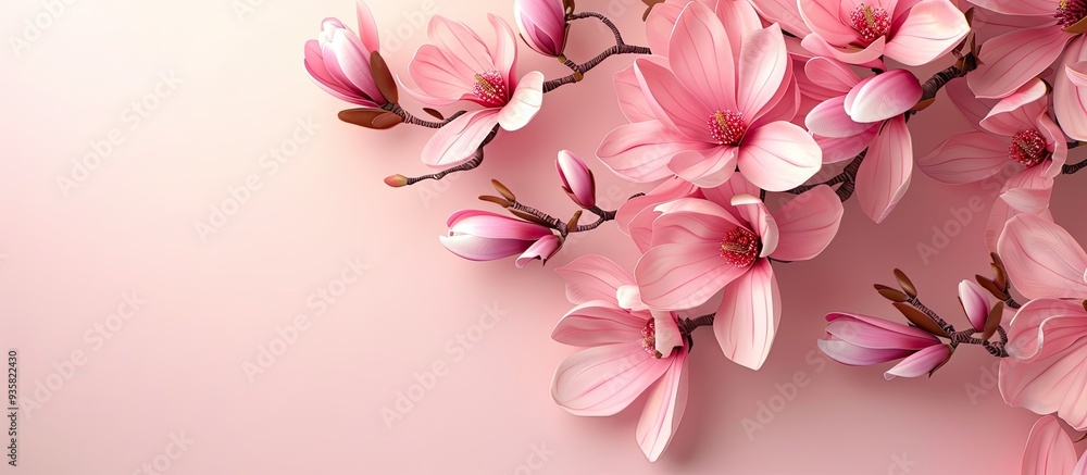 Poster magnolia blooms on pink. copy space image. place for adding text and design