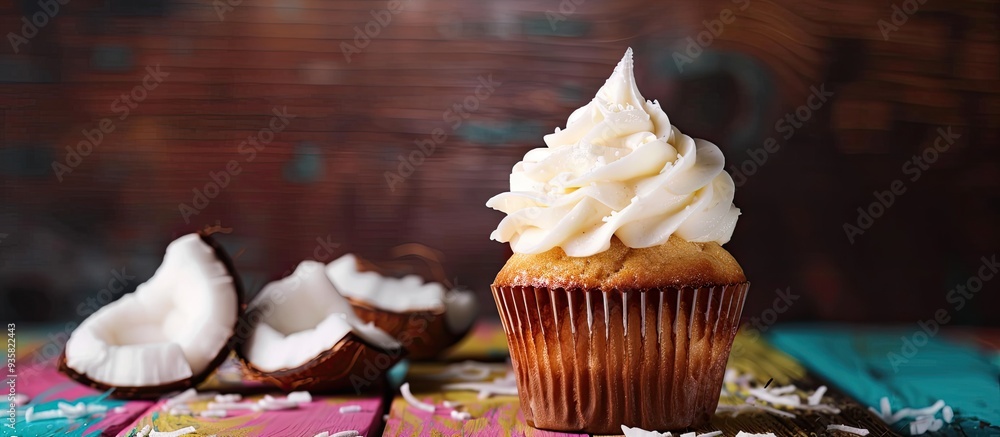 Aufkleber tasty coconut cupcake topped with cream on a colorful wooden table against a dark background. copy s