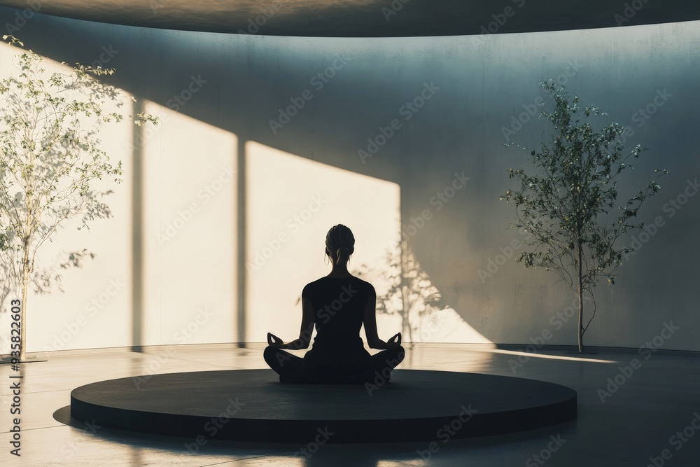 Poster a person is meditating in a minimalist room with natural light and plants, creating a tranquil atmos