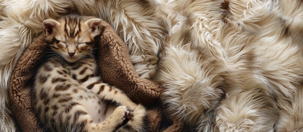 Poster a tiny newborn bengal kitten swaddled like a baby sleeps on a fur bed top view blank space for text.