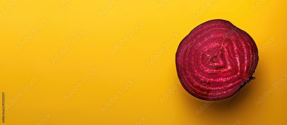 Poster close up of a tasty beetroot sliced in half against a yellow background. copy space image. place for
