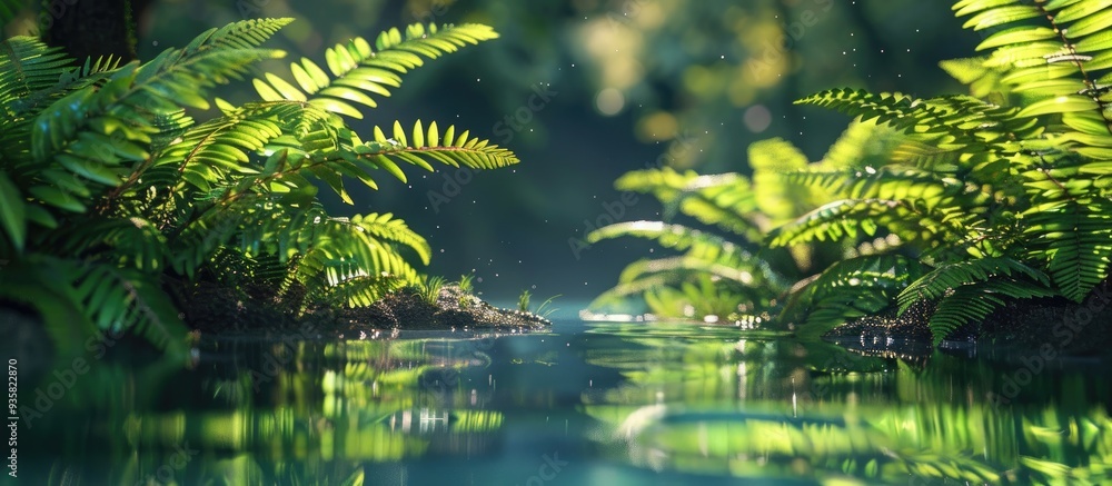 Poster ferns by the riverbank. copy space image. place for adding text and design