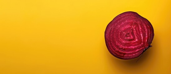 Close up of a tasty beetroot sliced in half against a yellow background. Copy space image. Place for adding text and design