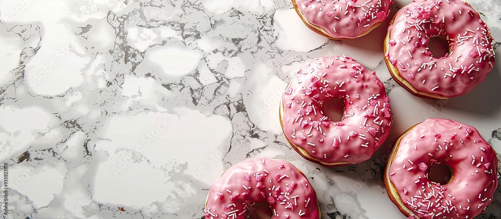 Poster tasty donuts on the marble table. copy space image. place for adding text and design