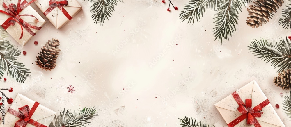 Poster christmas background featuring hand drawn coniferous branches presents and a winter postcard for the