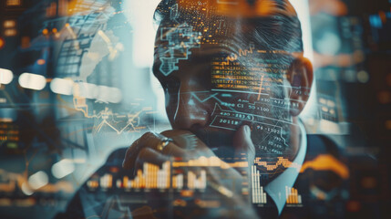 An artistic double exposure of a financier in thought, combined with images of currency, stocks, and global maps, conveying global finance and trade.
