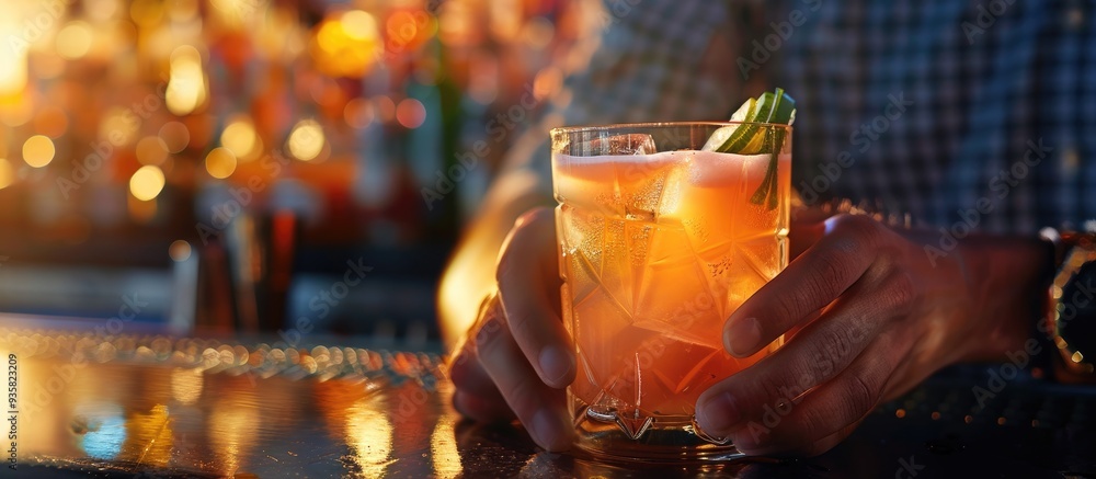 Poster fragment photo of a tasty drink held by a bar patron. copy space image. place for adding text and de
