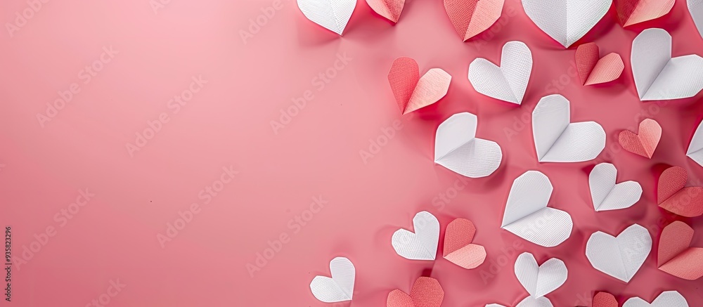 Poster red and white handmade paper heart valentines on a pink background angled view selective focus. copy