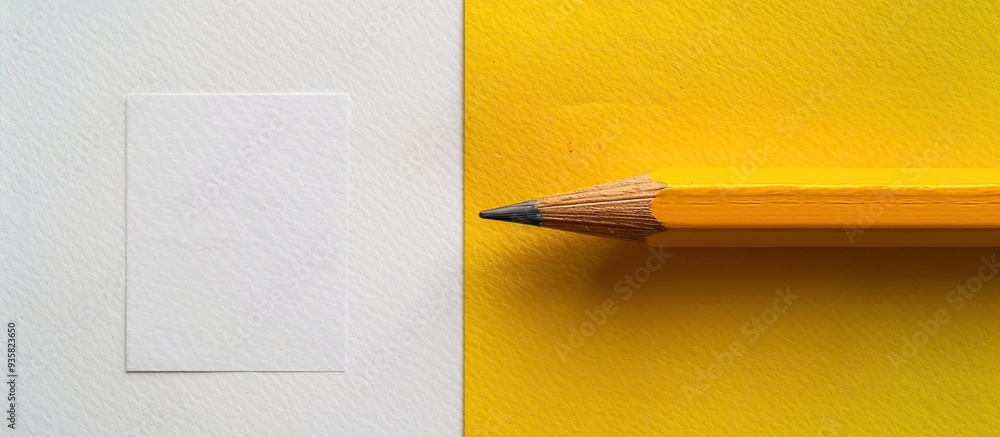Poster minimalist template featuring copy space with a top view close up macro photo of a wooden yellow pen