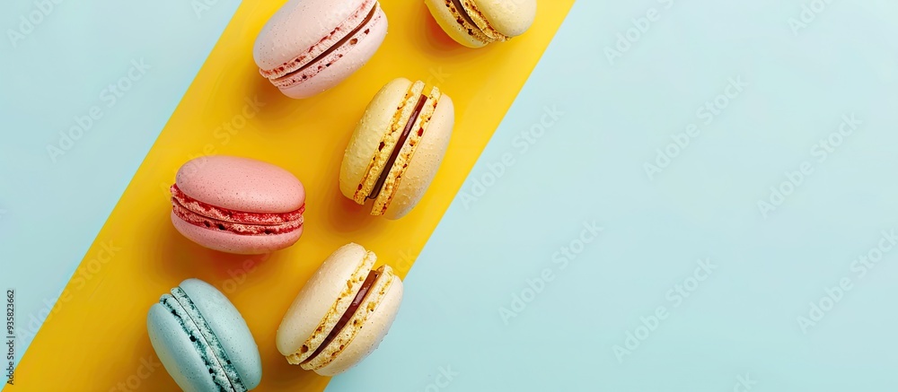 Sticker Top view of vibrant macarons or macaroons on a yellow and light blue background. Copy space image. Place for adding text and design