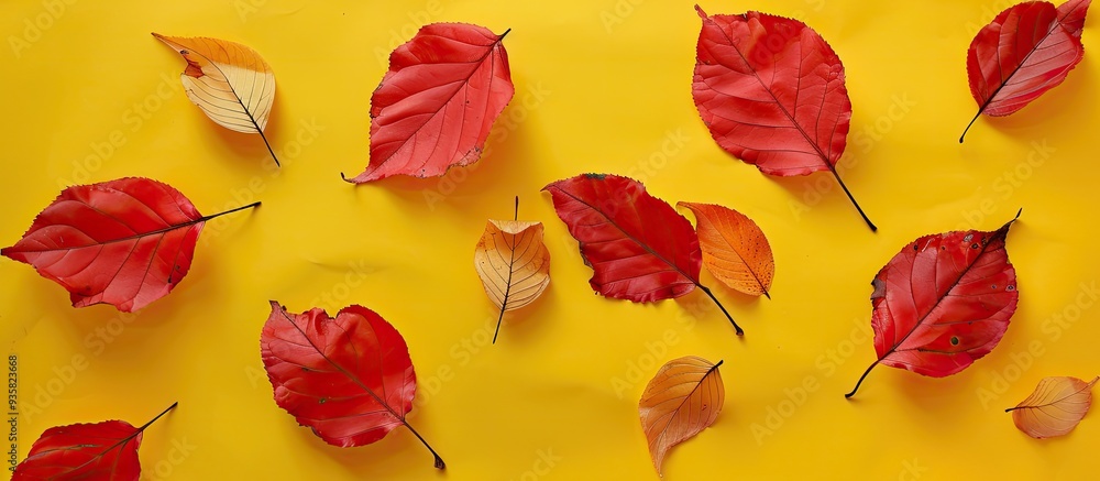 Poster several red fallen cherry leaves from autumn on a yellow paper background flat lay. copy space image