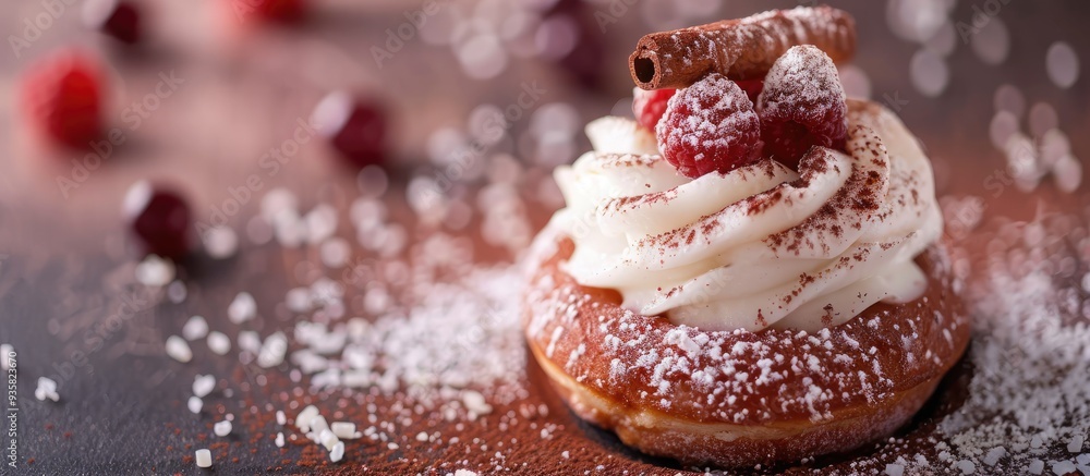 Poster homemade sweets red bean paste in a donut topped with cinnamon powder and cream. copy space image. p