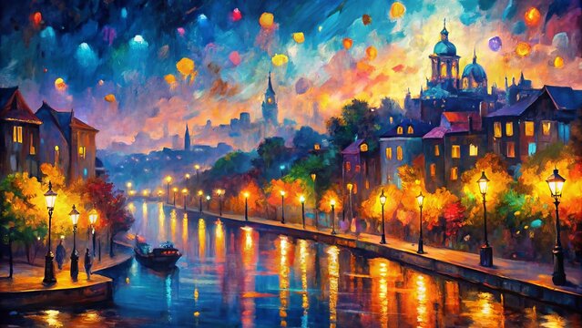 Softly glowing hues of twilight suffuse the cityscape, delicate brushstrokes capturing the shimmer of distant lights as night's veil slowly falls.