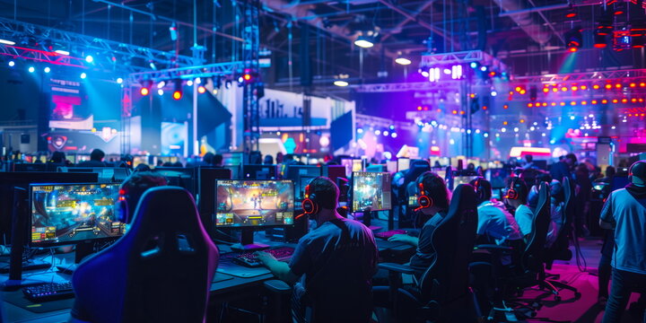 World region gaming expo, gaming industry event or gaming competition amusement, with many live-action players. hand-edited generative AI. 