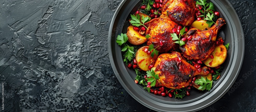 Sticker Roasted chicken with pomegranate sauce alongside potatoes in a gray ceramic dish Dark background Top view Copy space