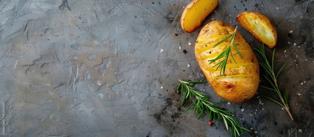 Poster delicious baked potato with fragrant rosemary and sauce presented on a grey textured table viewed fr