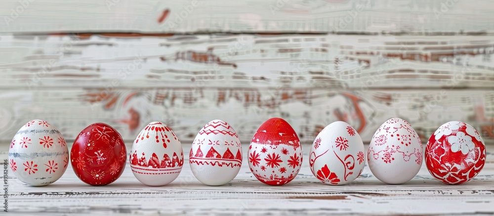 Poster a row of handmade wax dyed easter eggs in red and white a ukrainian pysanka frame on a white wooden 