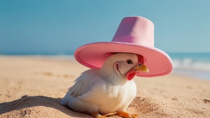 A trendy chicken wearing a smart hat and resting on the sand against a delicate pink backdrop. wallpaper and backdrop