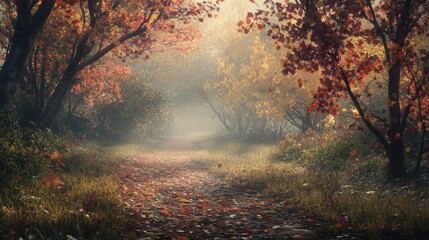 Autumn Path: Golden leaves dance in the air as sunlight streams through a misty forest path, painting a breathtaking scene of autumnal beauty. 