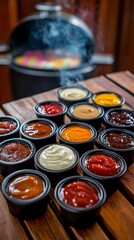 Various sauces in bowls on wooden table with grill in the background.