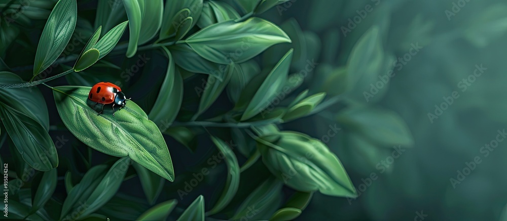Poster ladybug resting on a green plant leaf. copy space image. place for adding text and design