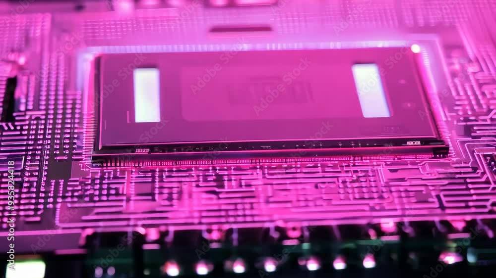 Poster exploring the intricate design of a modern computer chip with vibrant colors and patterns in a tech 