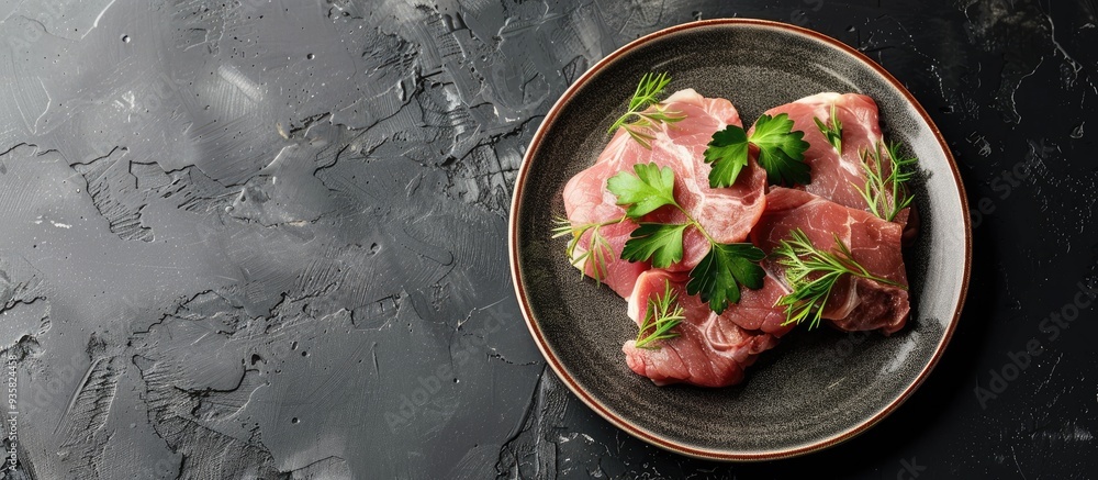 Poster raw pork on a ceramic plate for preparation. copy space image. place for adding text and design