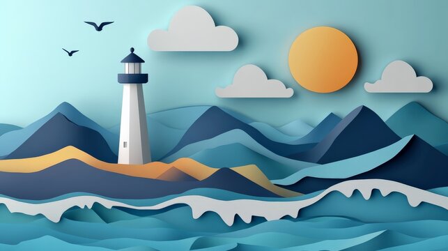 An artistic depiction of a coastal scene at sunset with a lighthouse and distant mountains, brought to life in a vivid, layered paper art style with vibrant colors.