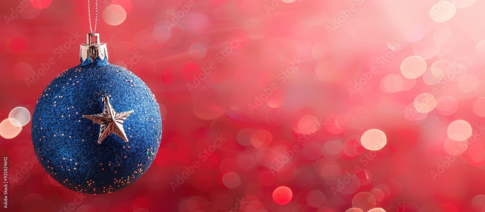 Poster A blue Christmas ball and a silver star are suspended against a red blurred background creating a festive Christmas scene. Copy space image. Place for adding text and design