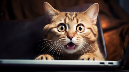 Amazed kitten looking at a laptop, isolated on white background. Neural network ai generated art
