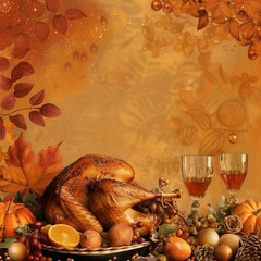 Thanksgiving-themed background featuring pumpkins, autumn leaves, and berries on one side with a clean white space for messages or design