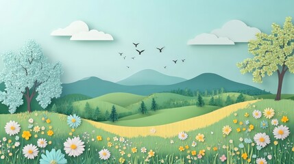 Fototapeta premium An idyllic image featuring a sunny meadow with various flowers, two trees on each side, rolling hills in the background, and birds flying in the clear blue sky.