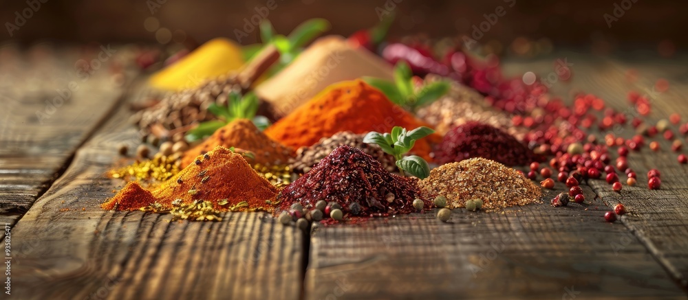 Poster a close up of various vibrant spices from around the world on a wooden table. copy space image. plac
