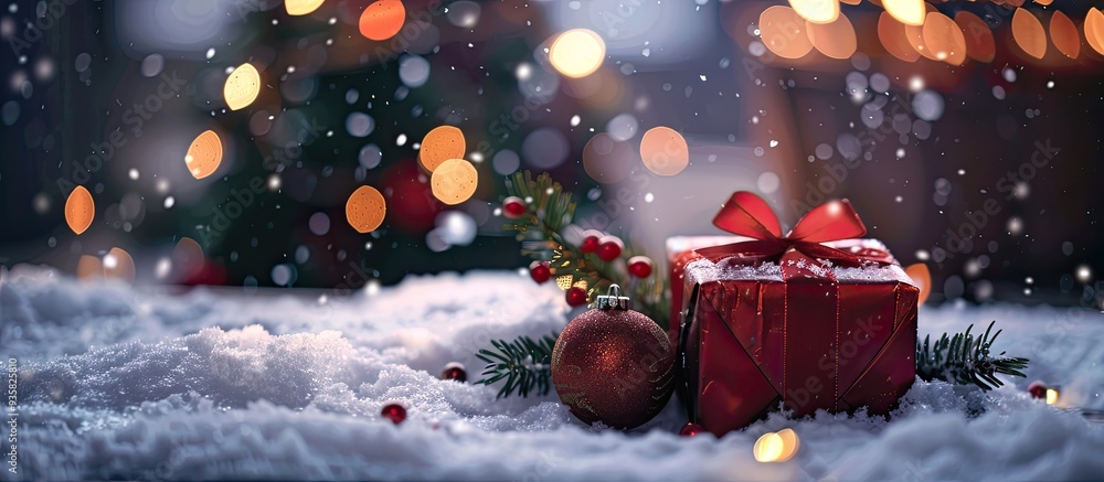 Poster christmas decoration and gift box on snow with a blurred background space for text. copy space image