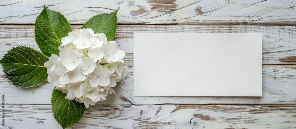 Poster white hydrangea flower with a white board on a wooden background mockup. copy space image. place for