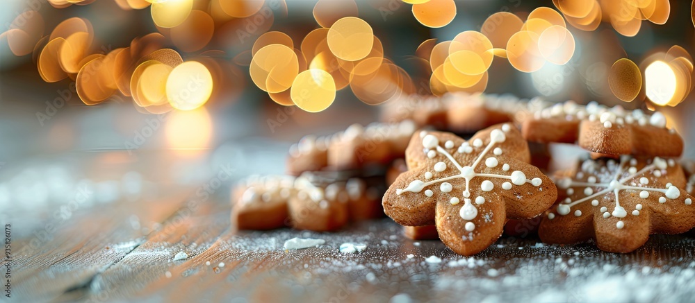 Poster decorated cookies on a grey table with blurred christmas lights in the background closeup. copy spac