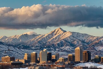 A record-breaking snowpack in the Wasatch Mountains behind the downtown Salt Lake City skyline, Utah.
