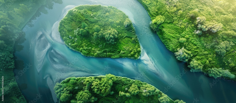 Poster bird s eye view of a winding river. copy space image. place for adding text and design